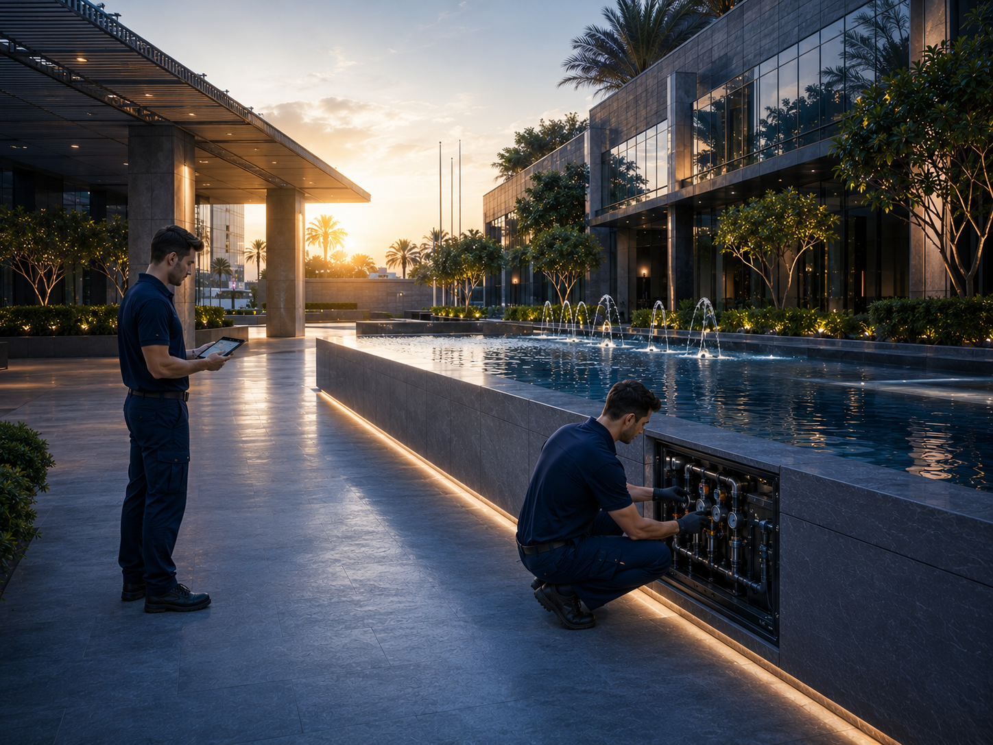 Two water-feature technicians servicing an illuminated plaza fountain at dusk, with one logging work on a tablet.