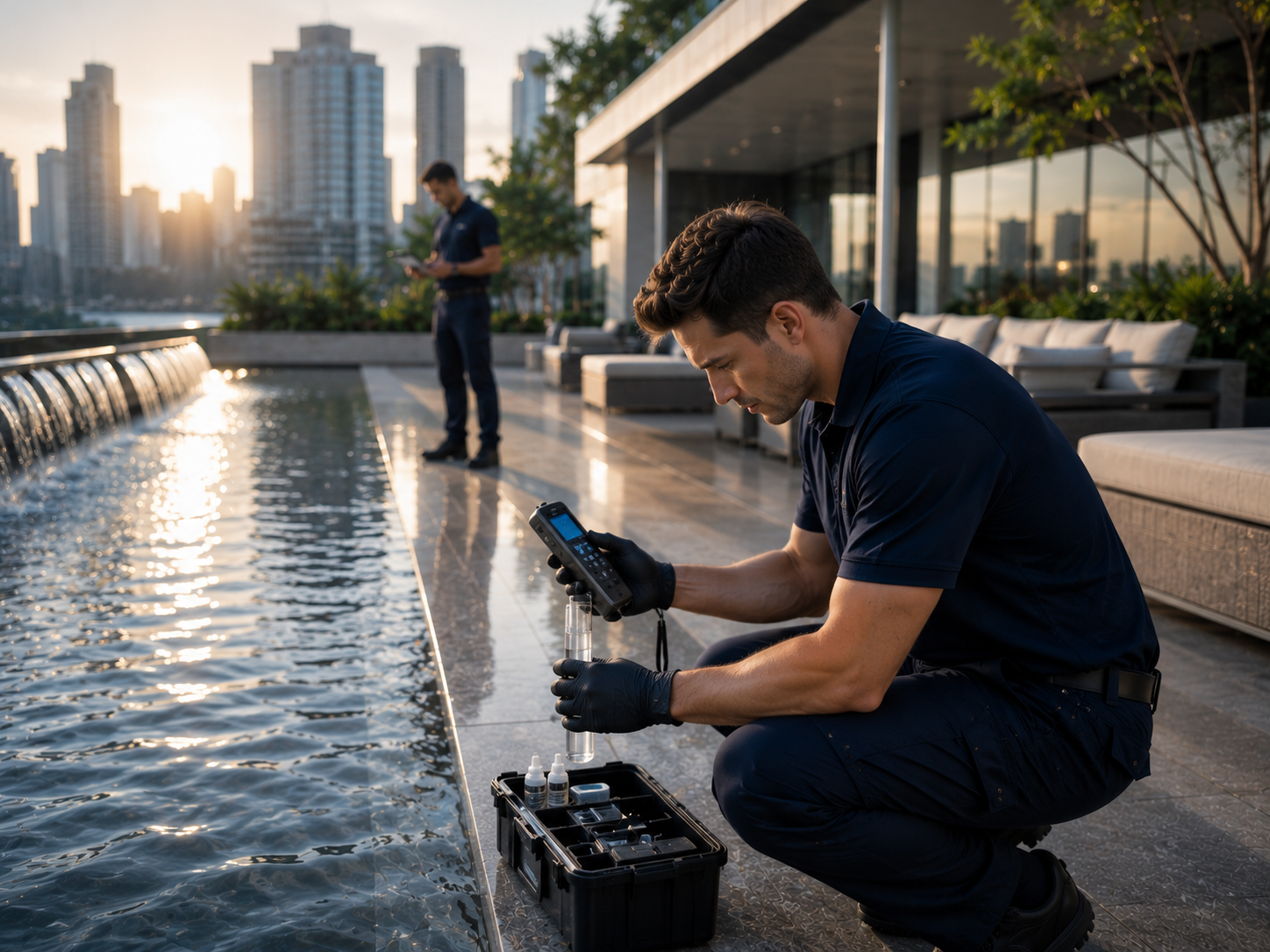 Water-feature technician taking a chemistry reading at golden hour with another crew member logging the route.